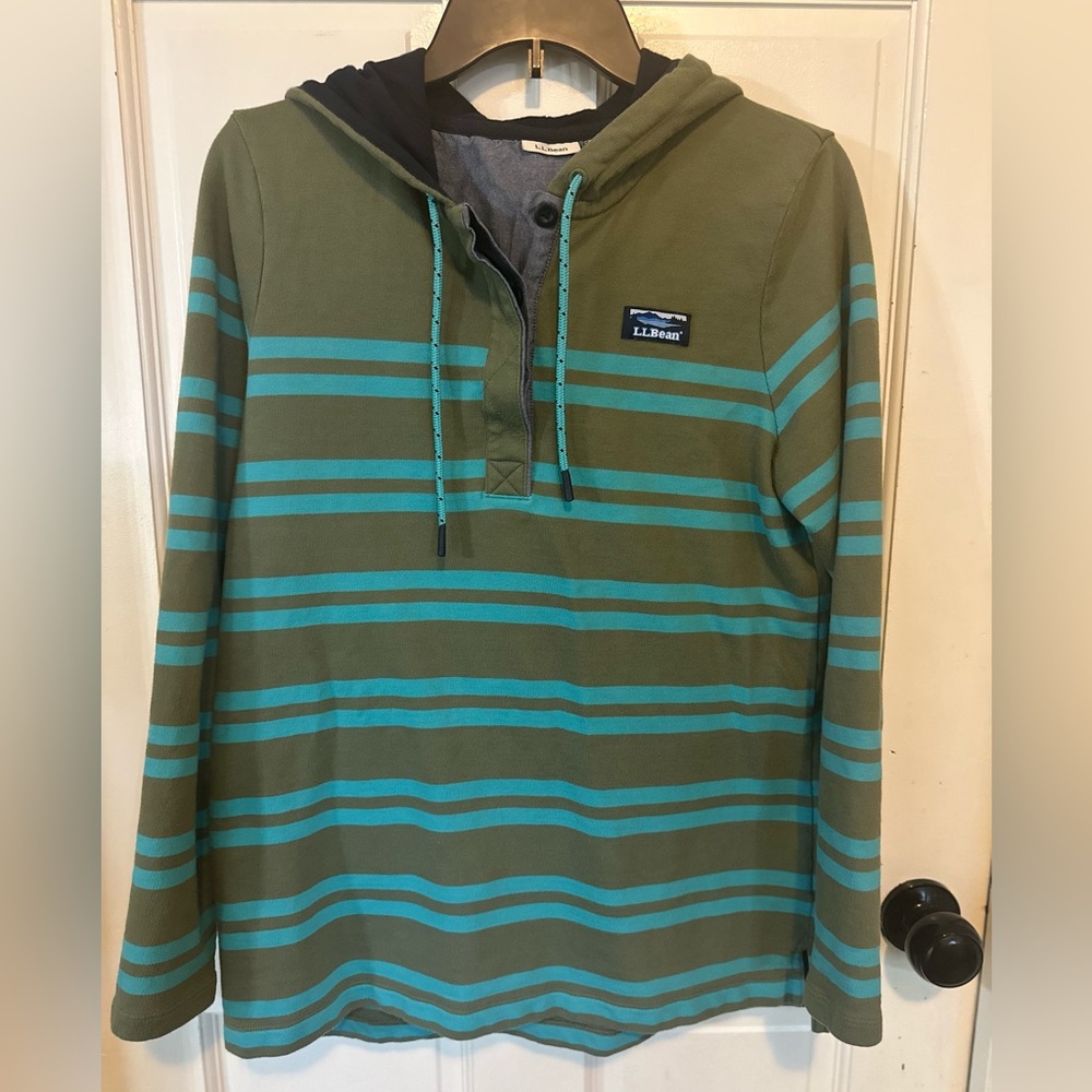 LL Bean Soft Cotton Rugby Hoodie Pullover Green Striped Patch Logo Henley Medium